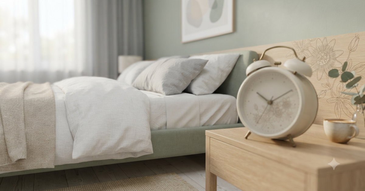 時計とベッドが写った、睡眠時間をイメージする写真