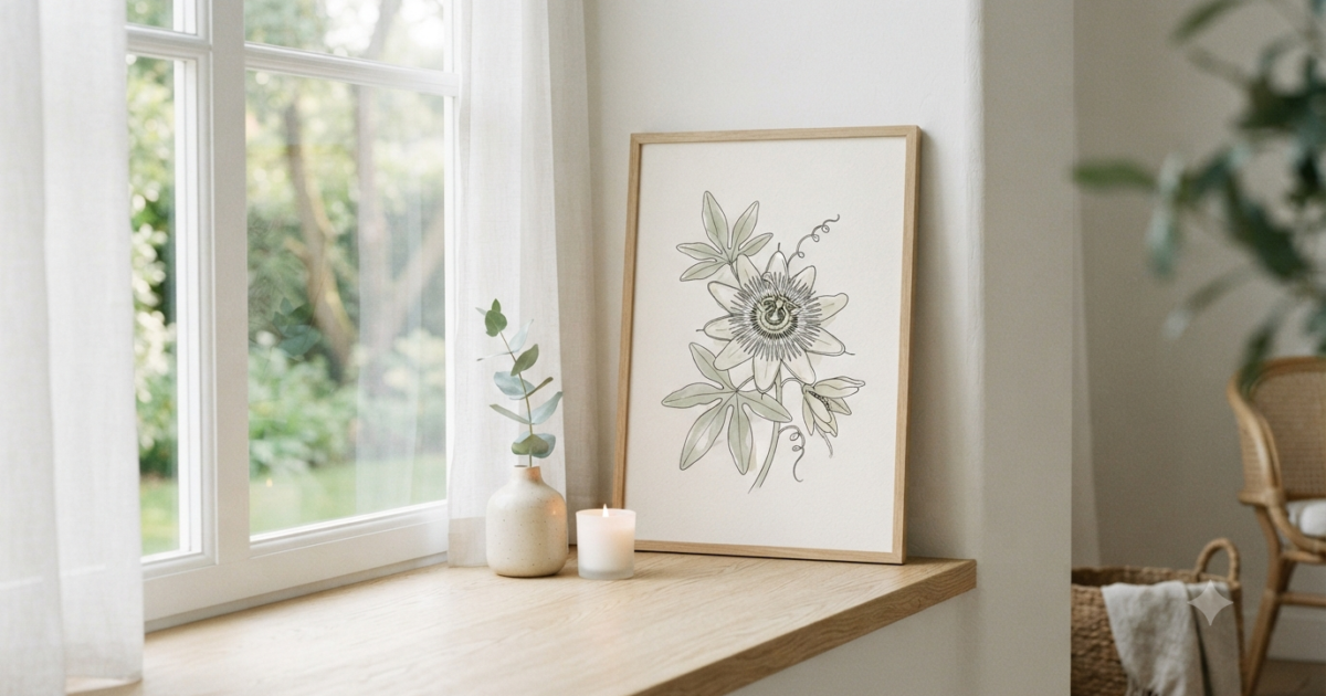パッションフラワーの花のイラストと柔らかな朝の光のイメージ