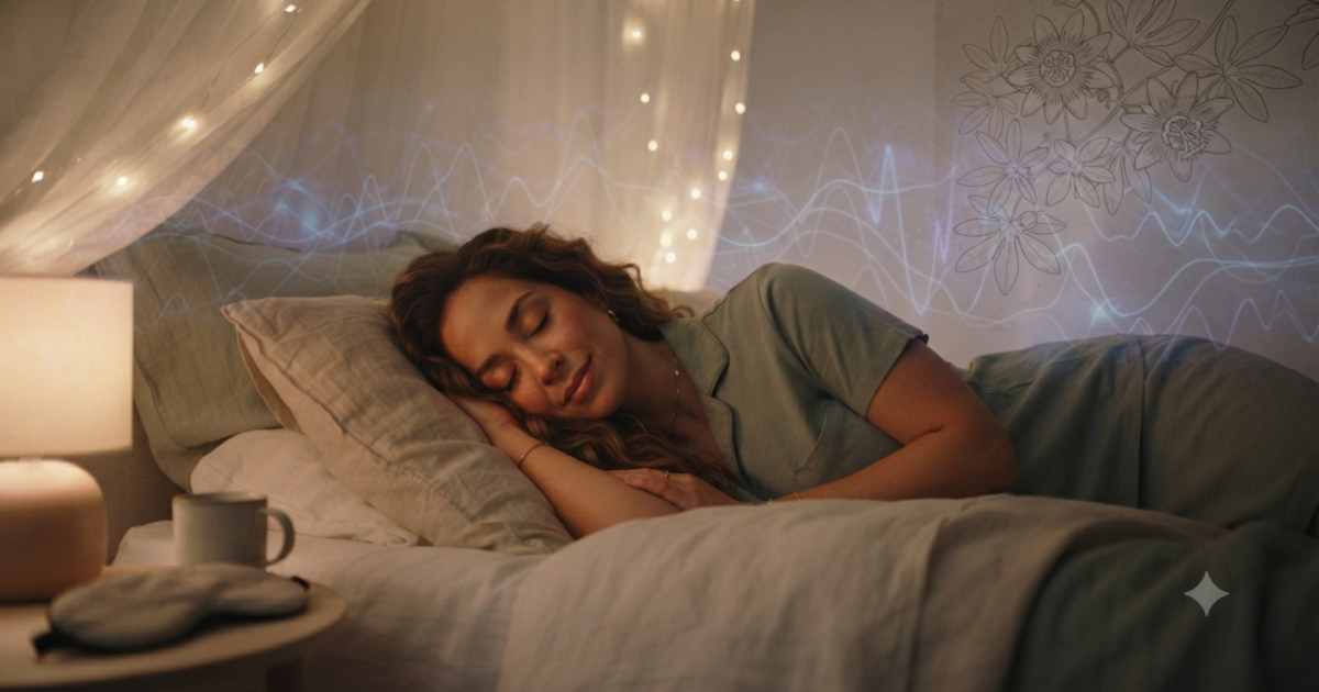 穏やかに眠る女性と、脳波のイメージを重ねた写真