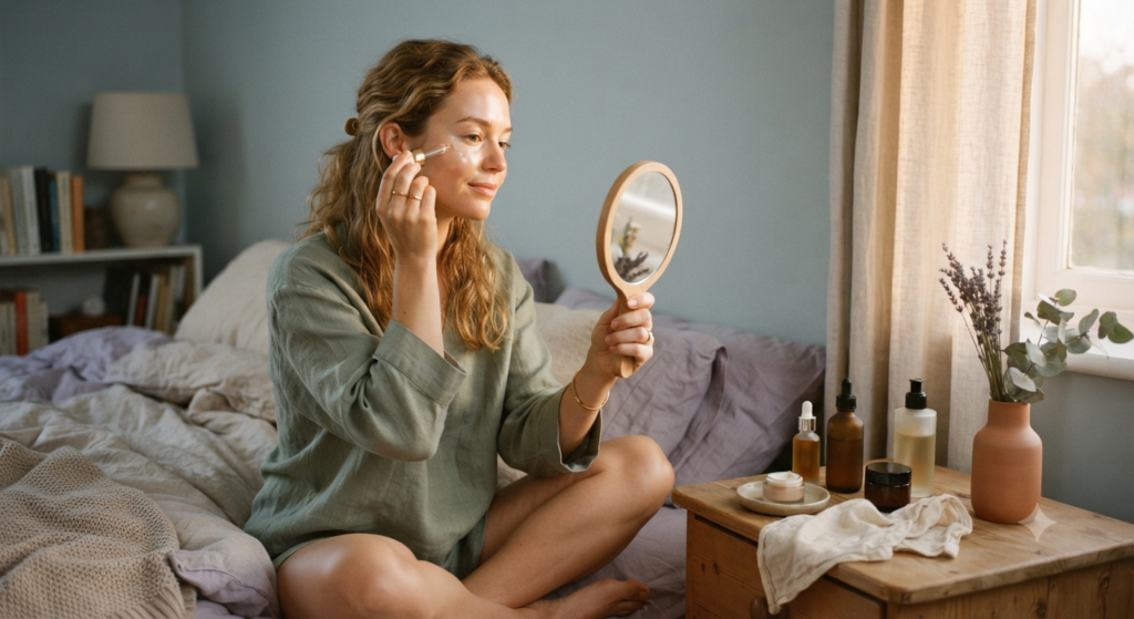 ベッドサイドでスキンケアをしながらくつろぐ女性の写真