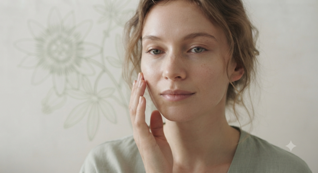 肌の調子を確認する女性、ストレスと肌荒れの関係をイメージした写真