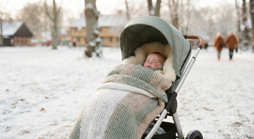 北欧の雪の中、あたたかく包まれて眠る赤ちゃんの写真