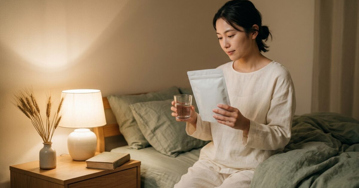 就寝前に大麦乳酸発酵液ギャバのサプリを手に取る女性