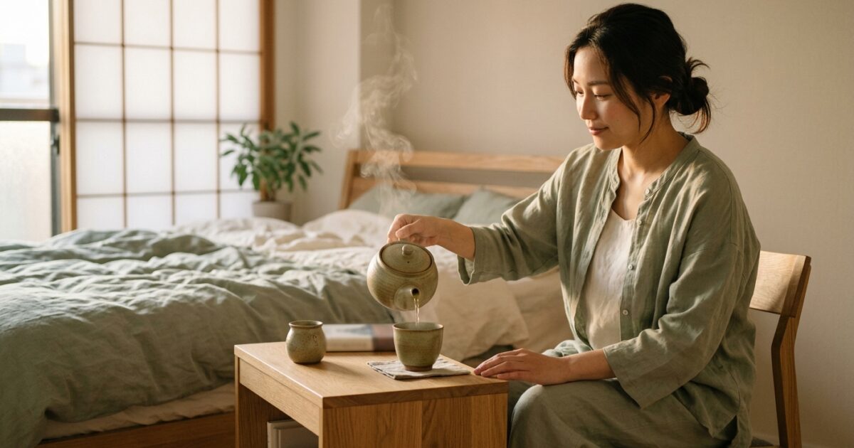就寝前にお茶を淹れてリラックスする女性