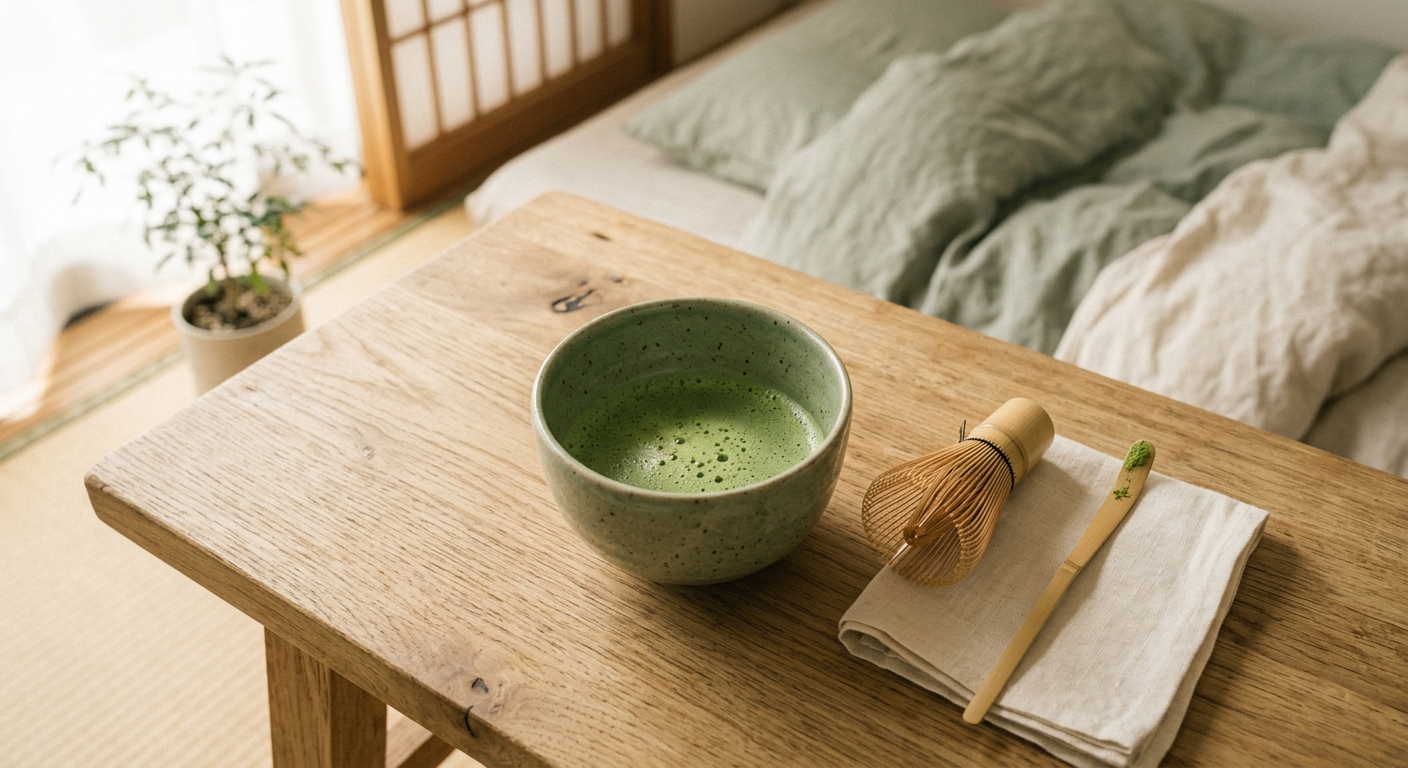 抹茶を点てる様子のフラットレイ