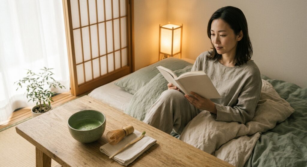 お茶を飲みながら就寝前の時間を過ごす女性