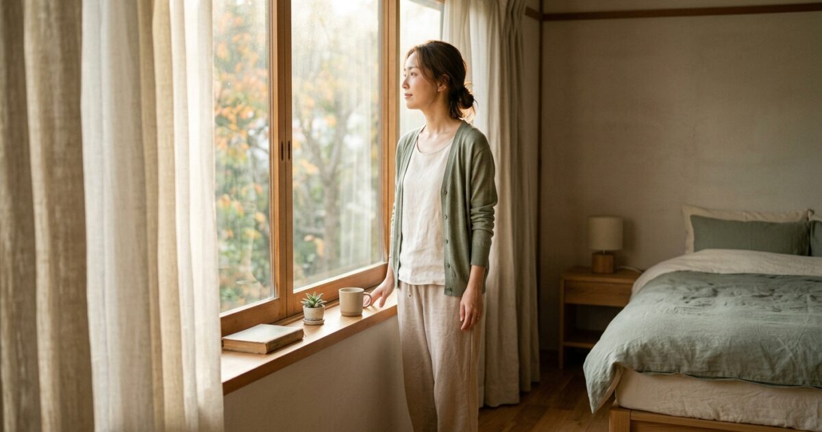 秋の朝の光を浴びる女性