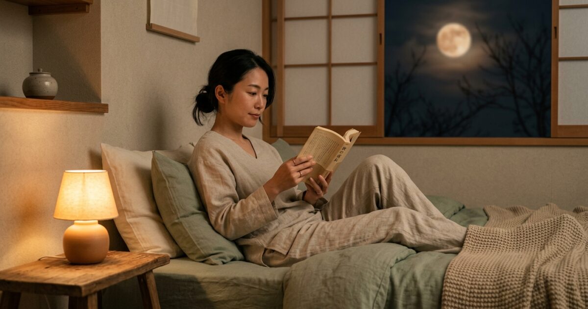 秋の夜長に読書をする女性
