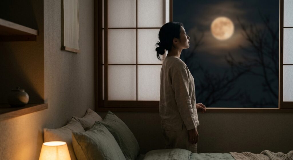 夜空の満月を眺める女性のシルエット