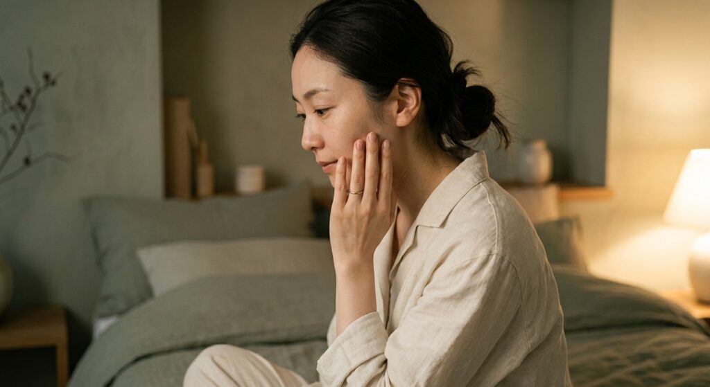 就寝前に肌の調子を確認する女性