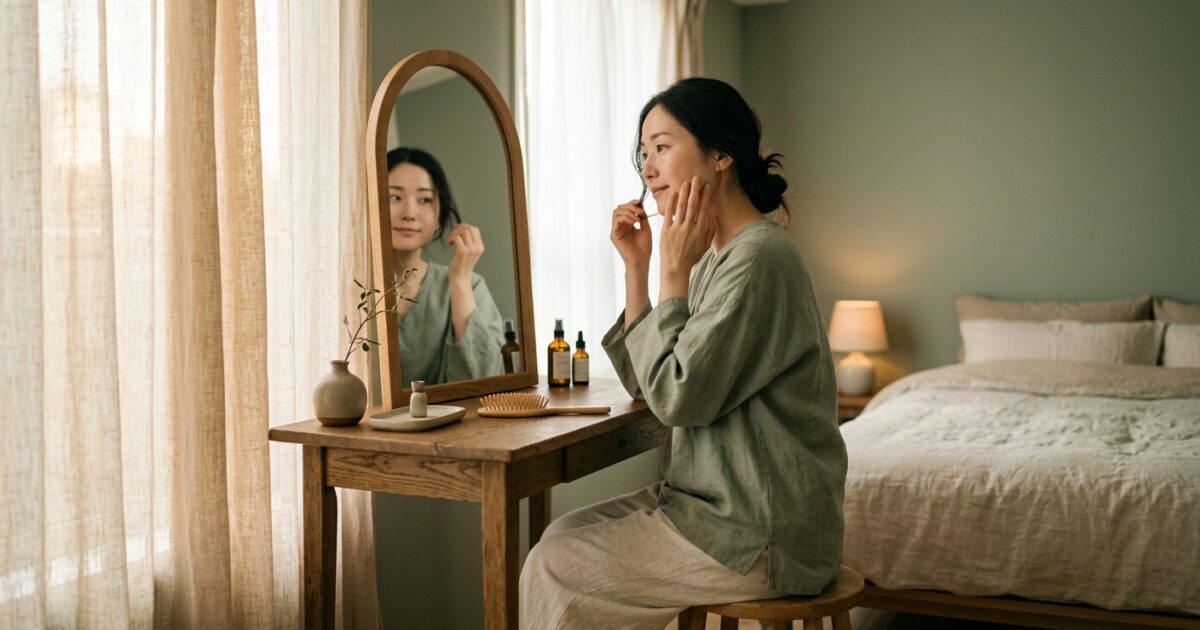 鏡で髪や肌の調子を確認する女性