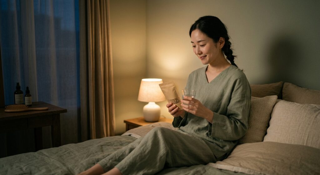 就寝前にサプリを取り入れる女性