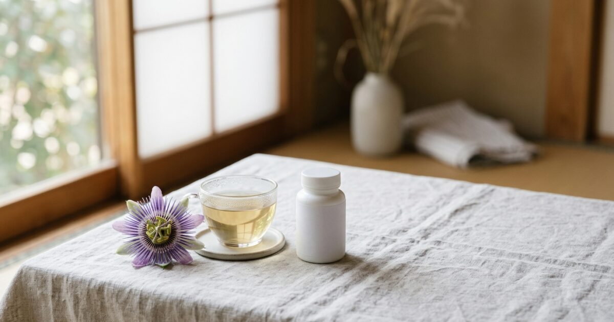 パッションフラワーの花とハーブティー、サプリメントが並ぶ落ち着いたテーブル