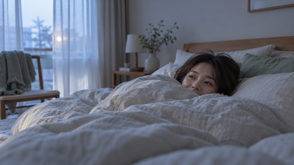 薄暗い寝室で、布団から起き上がれずにいる女性