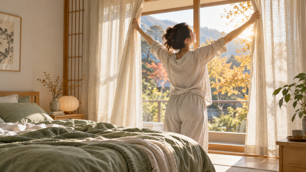 朝日が差し込む窓辺でカーテンを開け、伸びをする女性