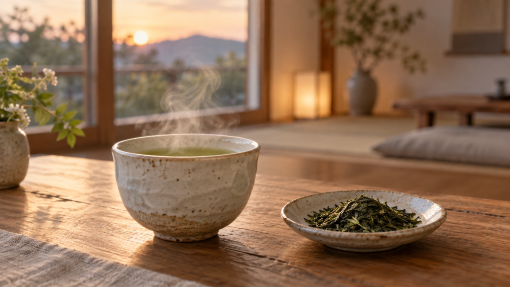 湯気の立つ緑茶の湯のみと茶葉が置かれた、落ち着いた木のテーブル