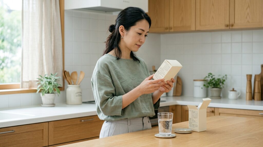 キッチンのカウンターでサプリメントの原材料表示を読む女性