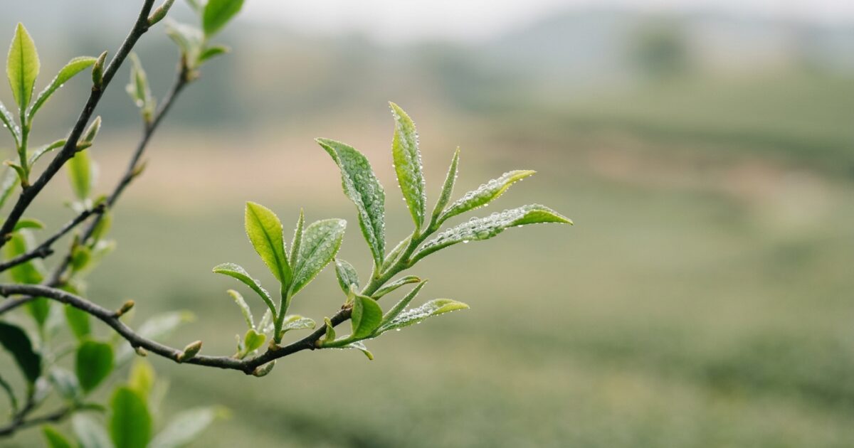 茶畑の緑を背景にした、摘みたての茶葉のアップ