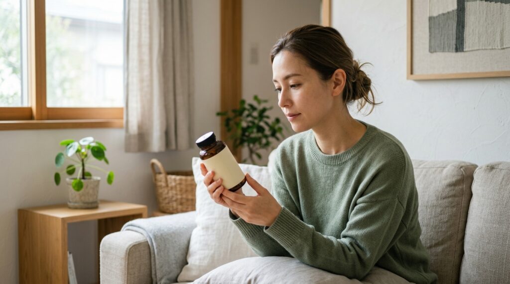 サプリメントを手に取り、飲む前に注意事項を確認する女性