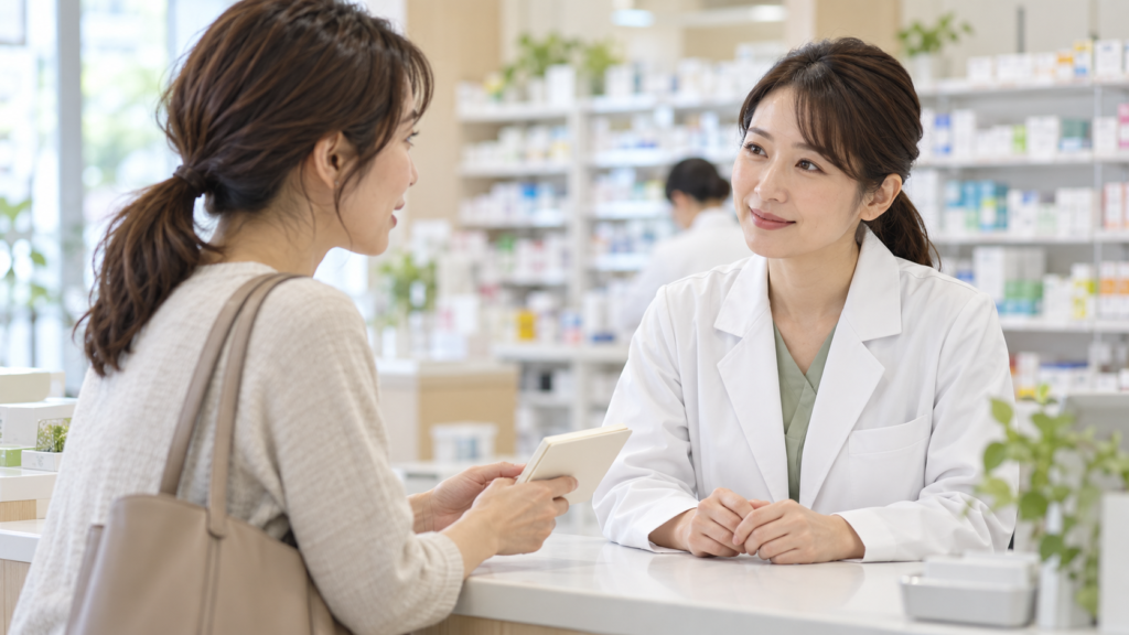 薬局のカウンターでお薬手帳を見せながら薬剤師に相談する様子