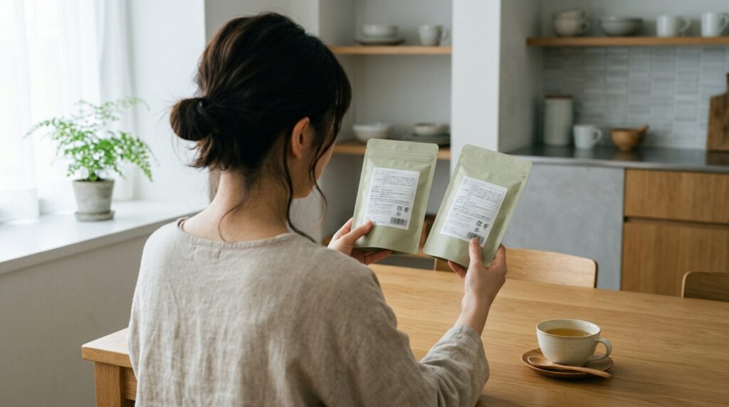 サプリメントのパッケージ裏の成分表示を見比べる女性の手元