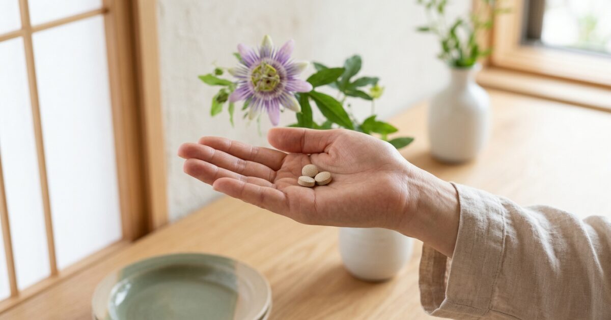 パッションフラワーの花と、手のひらにのせたサプリメント